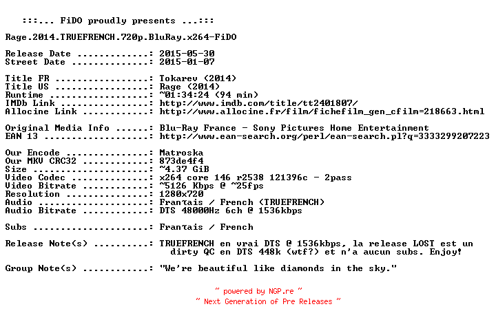 NFO for the release Rage.2014.TRUEFRENCH.720p.BluRay.x264-FiDO by FiDO