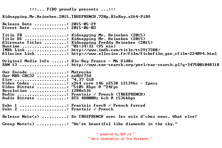 NFO for the release Kidnapping.Mr.Heineken.2015.TRUEFRENCH.720p.BluRay.x264-FiDO by FiDO