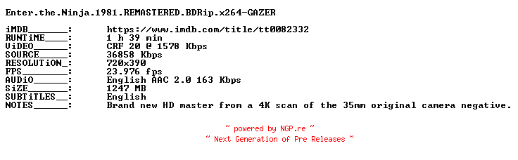 NFO for the release Enter.the.Ninja.1981.REMASTERED.BDRip.x264-GAZER by GAZER