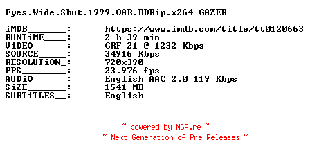 NFO for the release Eyes.Wide.Shut.1999.OAR.BDRip.x264-GAZER by GAZER