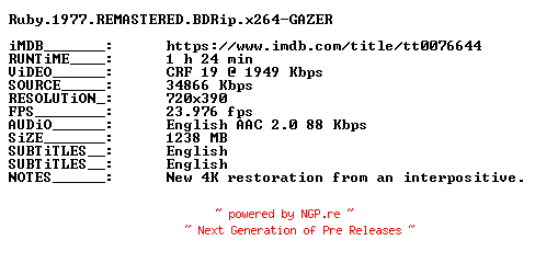 NFO for the release Ruby.1977.REMASTERED.BDRip.x264-GAZER by GAZER