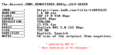 NFO for the release The.Descent.2005.REMASTERED.BDRip.x264-GAZER by GAZER