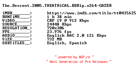 NFO for the release The.Descent.2005.THEATRiCAL.BDRip.x264-GAZER by GAZER