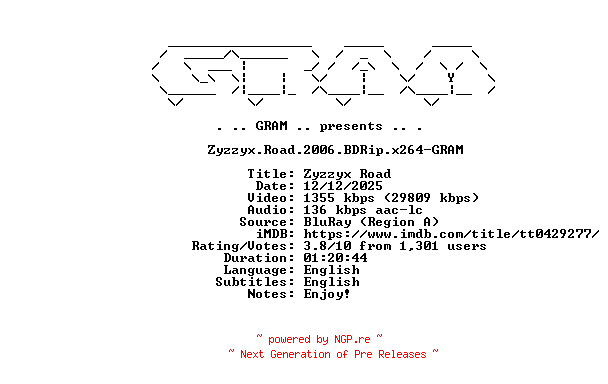 NFO for the release Zyzzyx.Road.2006.INTERNAL.BDRip.x264-GRAM by GRAM