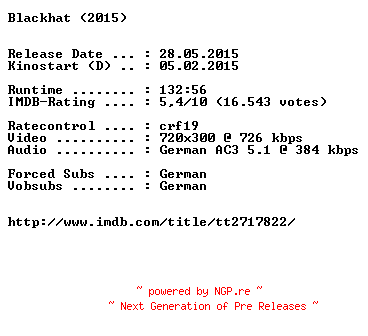 NFO for the release Blackhat.German.2015.BDRiP.x264-EXQUiSiTE by EXQUiSiTE