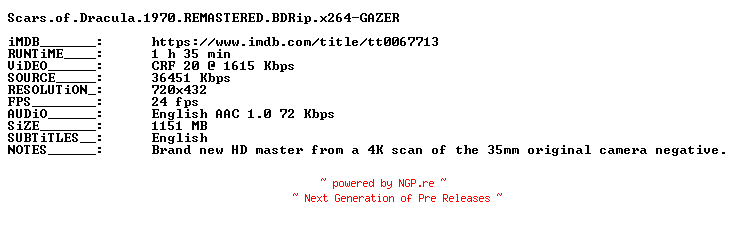 NFO for the release Scars.of.Dracula.1970.REMASTERED.BDRip.x264-GAZER by GAZER