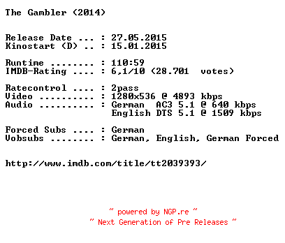 NFO for the release The.Gambler.2014.German.DL.720p.BluRay.x264-EXQUiSiTE by EXQUiSiTE