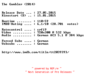 NFO for the release The.Gambler.German.2014.BDRiP.x264-EXQUiSiTE by EXQUiSiTE