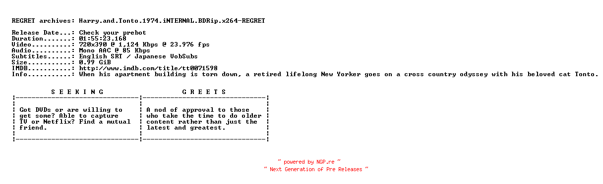 NFO for the release Harry.and.Tonto.1974.iNTERNAL.BDRip.x264-REGRET by REGRET