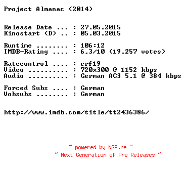 NFO for the release Project.Almanac.German.2014.BDRiP.x264-EXQUiSiTE by EXQUiSiTE