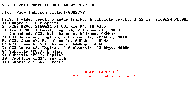 NFO for the release Snitch.2013.COMPLETE.UHD.BLURAY-COASTER by COASTER