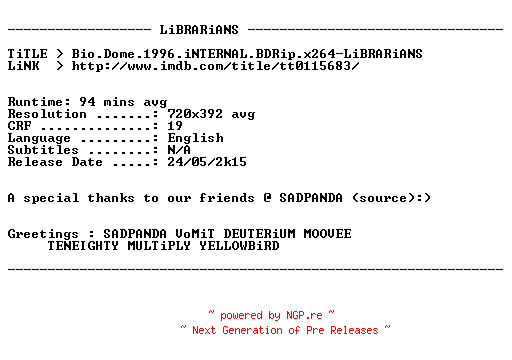 NFO for the release Bio.Dome.1996.iNTERNAL.BDRip.x264-LiBRARiANS by LiBRARiANS