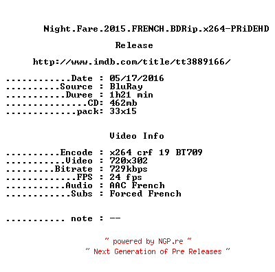 NFO for the release Night.Fare.2015.FRENCH.BDRip.x264-PRiDEHD by PRiDEHD