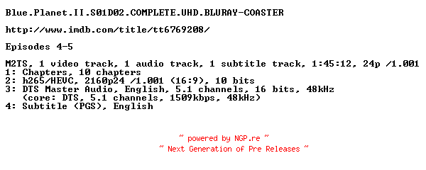 NFO for the release Blue.Planet.II.S01D02.COMPLETE.UHD.BLURAY-COASTER by COASTER