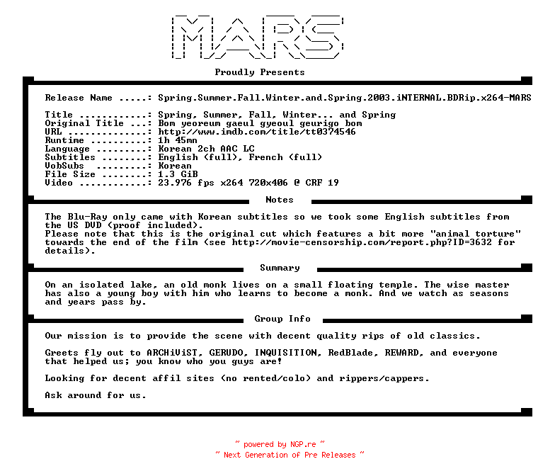 NFO for the release Spring.Summer.Fall.Winter.and.Spring.2003.iNTERNAL.BDRip.x264-MARS by MARS