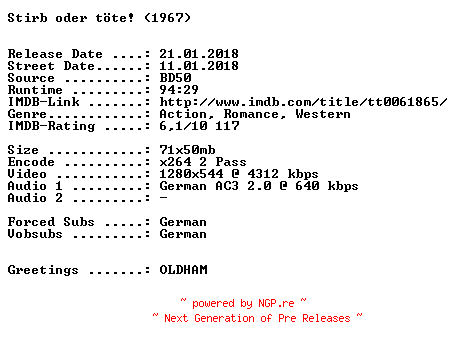 NFO for the release Stirb.oder.toete.1967.German.720p.BluRay.x264-SPiCY by SPiCY