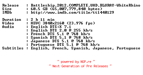NFO for the release Battleship.2012.COMPLETE.UHD.BLURAY-WhiteRhino by WhiteRhino