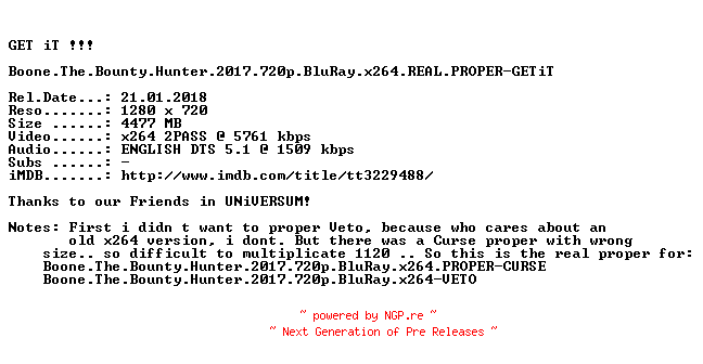 NFO for the release Boone.The.Bounty.Hunter.2017.720p.BluRay.x264.REAL.PROPER-GETiT by GETiT