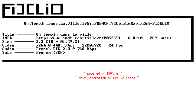 NFO for the release Un.Temoin.Dans.La.Ville.1959.FRENCH.720p.BluRay.x264-FiDELiO by FiDELiO