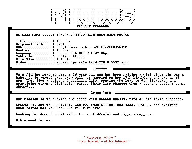 NFO for the release The.Bow.2005.720p.BluRay.x264-PHOBOS by PHOBOS