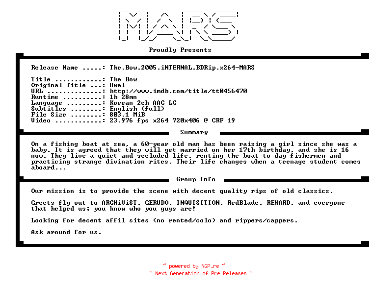 NFO for the release The.Bow.2005.iNTERNAL.BDRip.x264-MARS by MARS