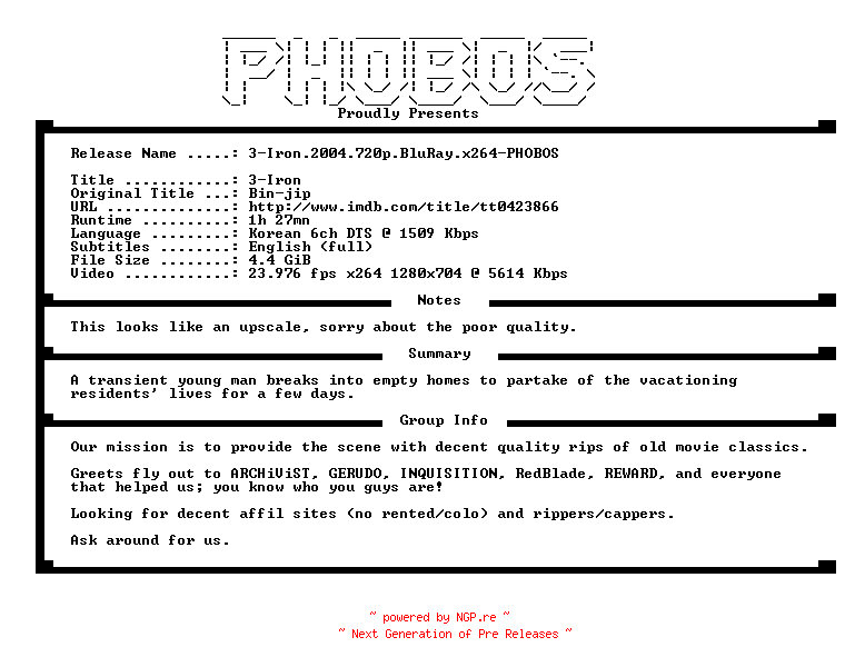 NFO for the release 3-Iron.2004.720p.BluRay.x264-PHOBOS by PHOBOS