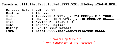 NFO for the release Swordsman.III.The.East.Is.Red.1993.720p.BluRay.x264-GiMCHi by GiMCHi