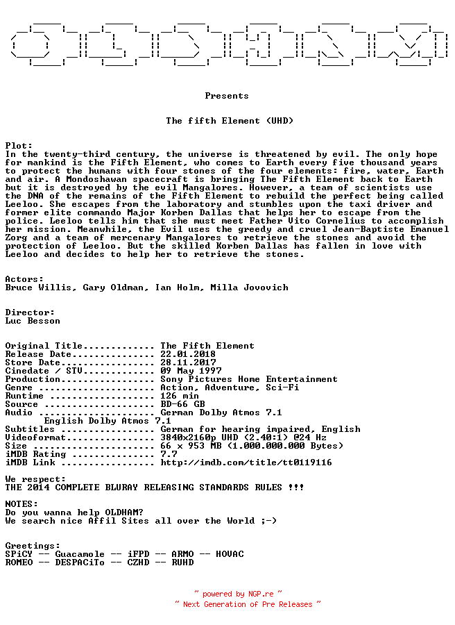 NFO for the release The.fifth.Element.1997.DUAL.COMPLETE.UHD.BLURAY-OLDHAM by OLDHAM