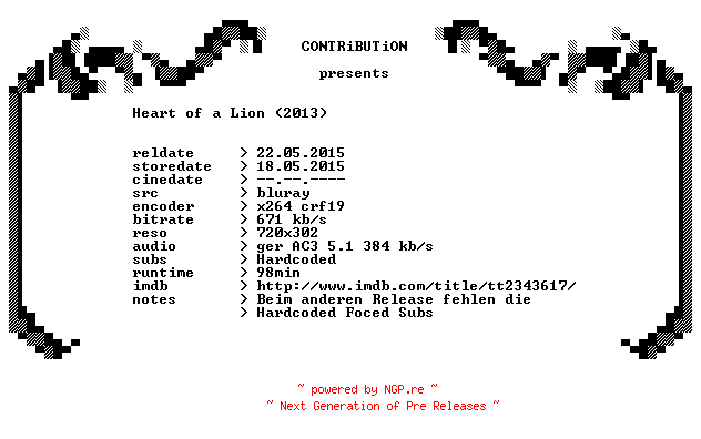 NFO for the release Heart.of.a.Lion.2013.German.BDRip.PROPER.x264-CONTRiBUTiON by CONTRiBUTiON