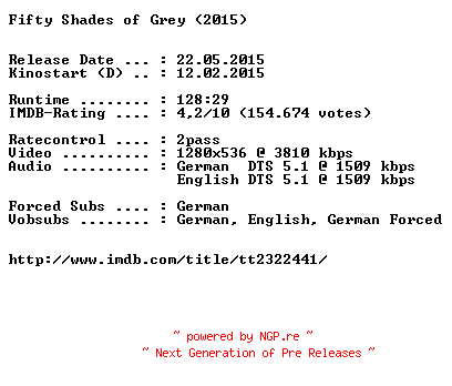 NFO for the release Fifty.Shades.of.Grey.UNRATED.2015.German.DL.720p.BluRay.x264-EXQUiSiTE by EXQUiSiTE