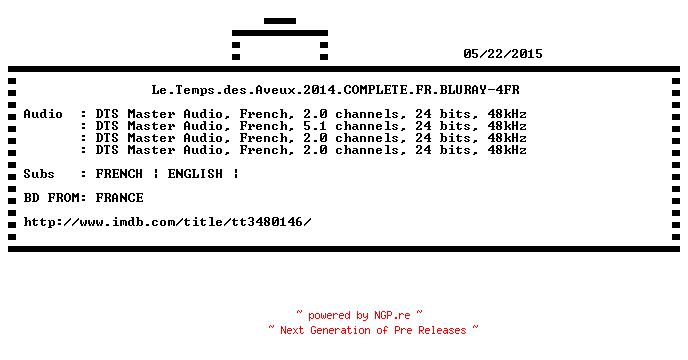 NFO for the release Le.Temps.des.Aveux.2014.COMPLETE.FR.BLURAY-4FR by 4FR