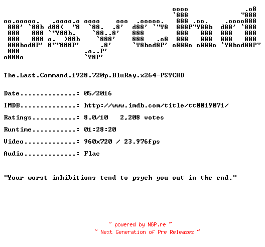 NFO for the release The.Last.Command.1928.720p.BluRay.x264-PSYCHD by PSYCHD