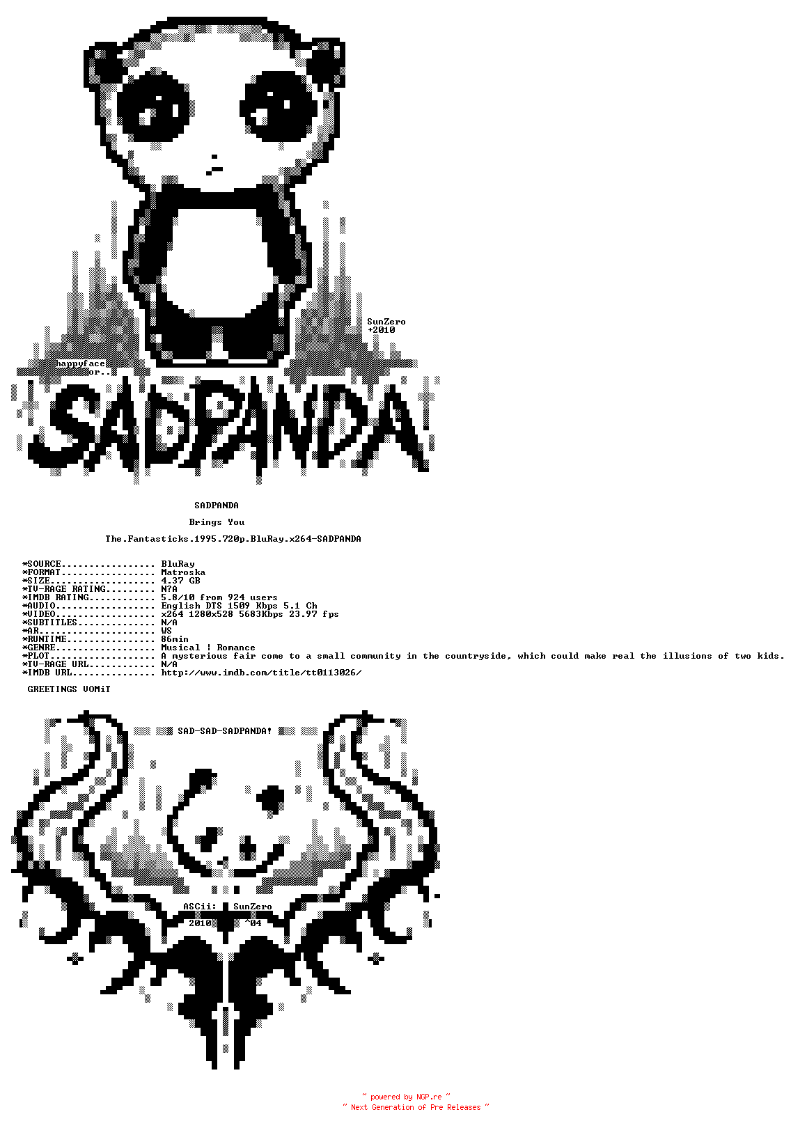 NFO for the release The.Fantasticks.1995.720p.BluRay.x264-SADPANDA by SADPANDA