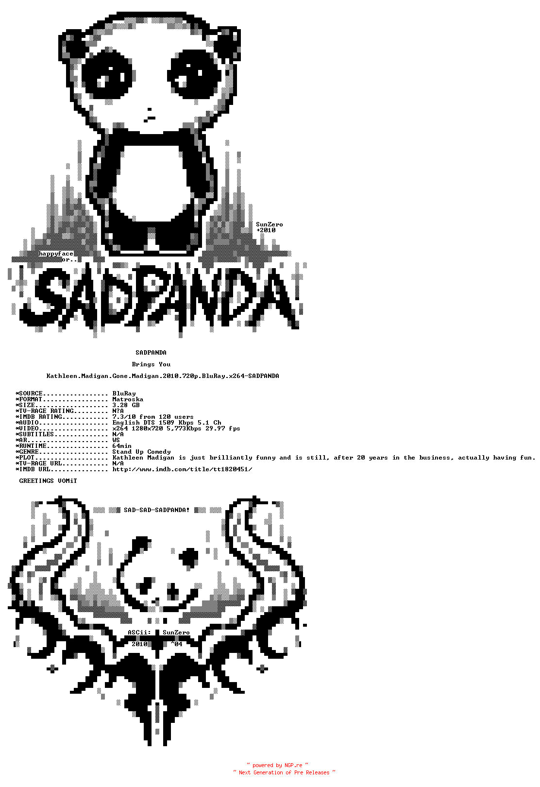 NFO for the release Kathleen.Madigan.Gone.Madigan.2010.720p.BluRay.x264-SADPANDA by SADPANDA