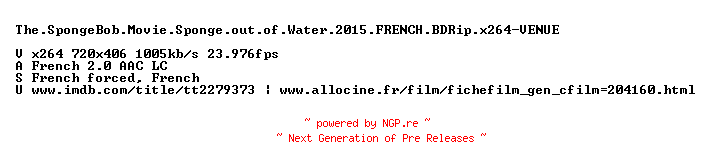 NFO for the release The.SpongeBob.Movie.Sponge.out.of.Water.2015.FRENCH.BDRip.x264-VENUE by VENUE