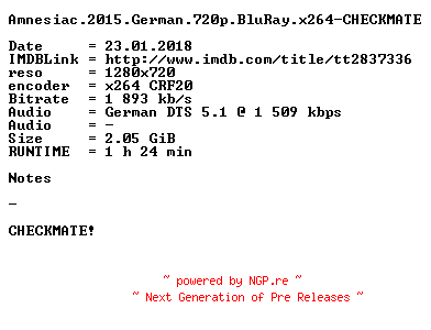 NFO for the release Amnesiac.2015.German.720p.BluRay.x264-CHECKMATE by CHECKMATE