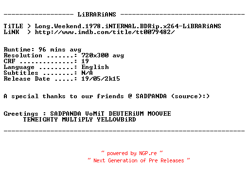 NFO for the release Long.Weekend.1978.iNTERNAL.BDRip.x264-LiBRARiANS by LiBRARiANS