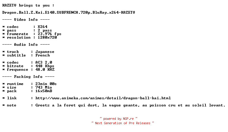 NFO for the release Dragon.Ball.Z.Kai.E140.SUBFRENCH.720p.BluRay.x264-KAZETV by KAZETV