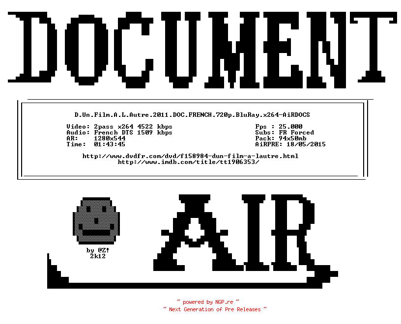 NFO for the release D.Un.Film.A.L.Autre.2011.DOC.FRENCH.720p.BluRay.x264-AiRDOCS by AiRDOCS