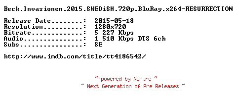 NFO for the release Beck.Invasionen.2015.SWEDiSH.720p.BluRay.x264-RESURRECTION by RESURRECTION