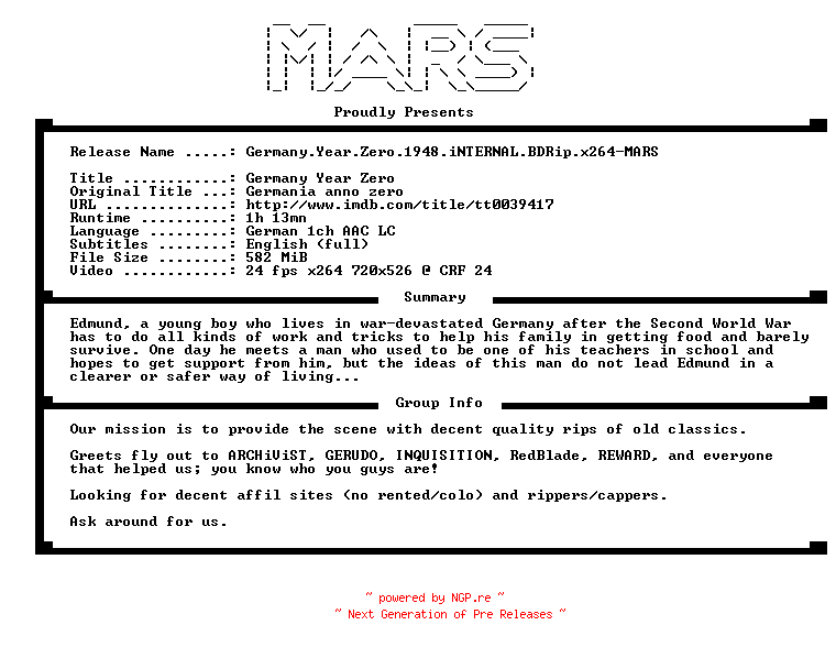 NFO for the release Germany.Year.Zero.1948.iNTERNAL.BDRip.x264-MARS by MARS