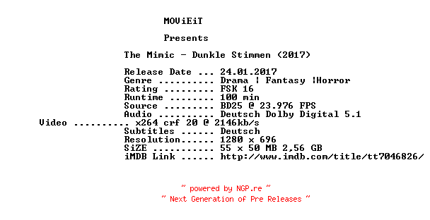 NFO for the release The.Mimic.Dunkle.Stimmen.2017.German.720p.BluRay.x264-MOViEiT by MOViEiT