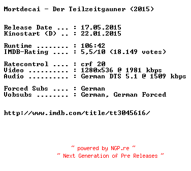 NFO for the release Mortdecai.Der.Teilzeitgauner.2015.German.720p.BluRay.x264-EXQUiSiTE by EXQUiSiTE