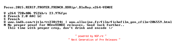 NFO for the release Focus.2015.RERIP.PROPER.FRENCH.BDRip.x264-VENUE by VENUE