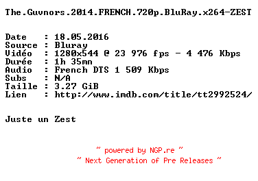 NFO for the release The.Guvnors.2014.FRENCH.720p.BluRay.x264-ZEST by ZEST