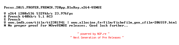 NFO for the release Focus.2015.PROPER.FRENCH.720p.BluRay.x264-VENUE by VENUE