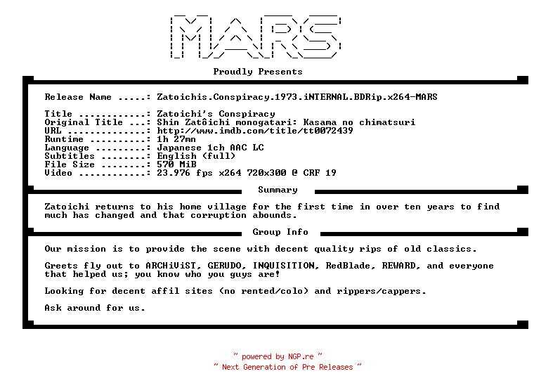 NFO for the release Zatoichis.Conspiracy.1973.iNTERNAL.BDRip.x264-MARS by MARS