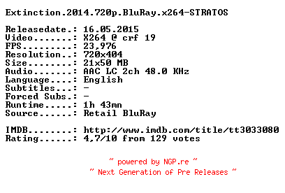 NFO for the release Extinction.2014.BDRip.x264-STRATOS by STRATOS