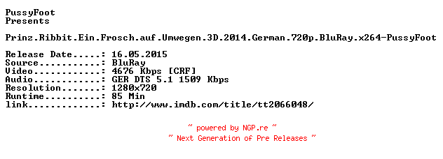 NFO for the release Prinz.Ribbit.Ein.Frosch.auf.Umwegen.3D.2014.German.720p.BluRay.x264-PussyFoot by PussyFoot