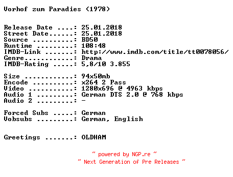 NFO for the release Vorhof.zum.Paradies.1978.UNCUT.German.720p.BluRay.x264-SPiCY by SPiCY